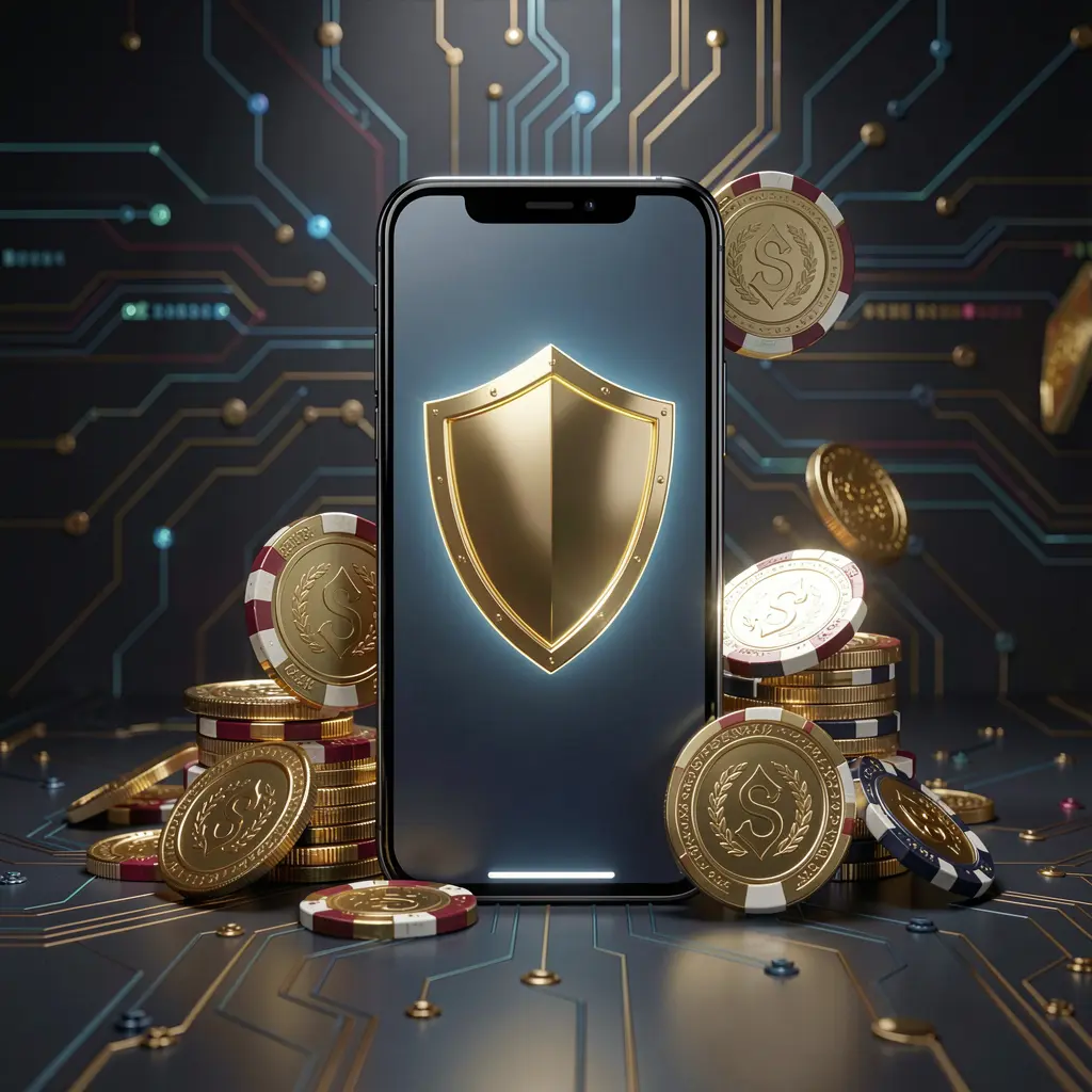 RM777 secure mobile casino app concept showing a smartphone with a glowing shield icon surrounded by golden coins and chips against a dark luxury cyber background