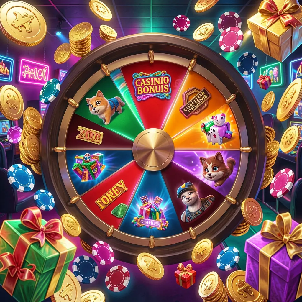 RM777 casino bonus wheel with colorful prize sections surrounded by golden coins, chips, and gift boxes under bright neon casino lights in Malaysia