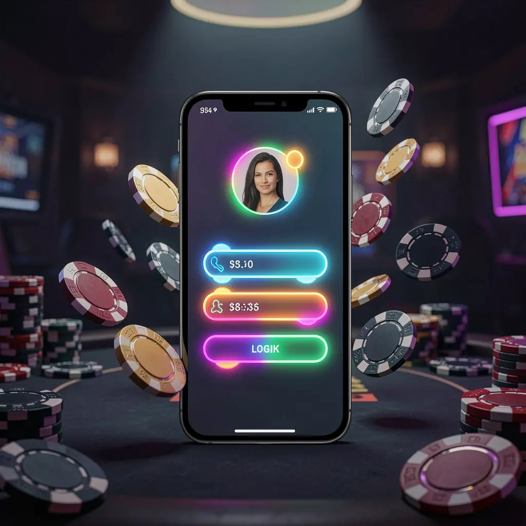 RM777 mobile casino login screen on a phone with abstract UI shapes for user profile and password fields, neon glow, flying chips and coins in a dark premium casino atmosphere