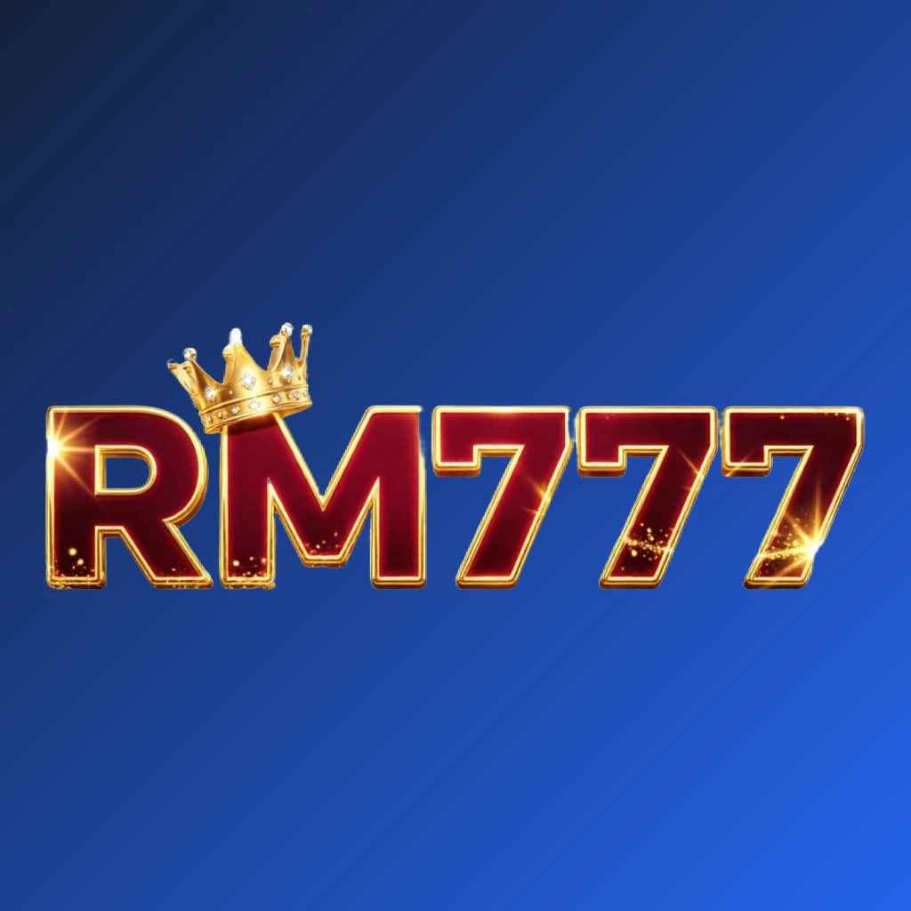 Dynamic casino-style logo for RM777 featuring massive bold lettering in bright gold and crimson colors with a glowing crown and sparkling light effects on a transparent background
