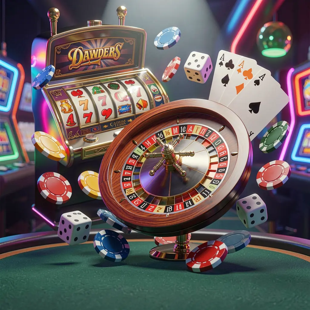 RM777 casino games collection homepage visual featuring a slot machine, roulette wheel, dice, playing cards, and poker chips floating together with colorful neon lights in a premium 3D render